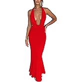 LuFeng Women's Sexy Sleeveless Summer Dress Backless Deep V Neck Halter Bodycon Maxi Party Dress