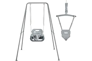 FUNLIO 2 in 1 Swing Set for Toddler & Baby Jumper, Heavy Duty Kids Swing & Bouncer with 4 Sandbags, Foldable Metal Stand for Indoor/Outdoor Play, Easy to Assemble and Store - Grey
