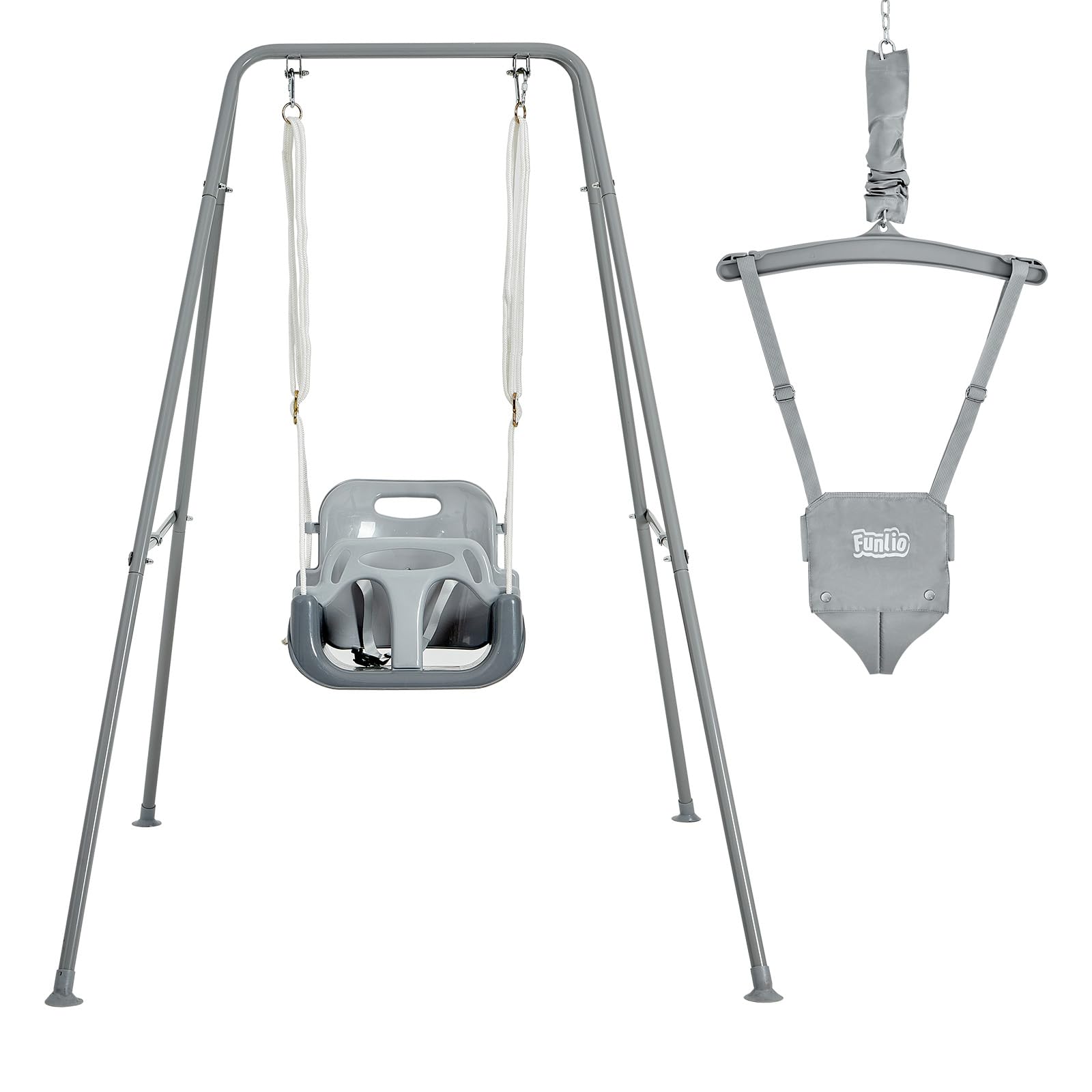 FUNLIO 2 in 1 Swing Set for Toddler & Baby Jumper, Heavy Duty Kids Swing & Bouncer with 4 Sandbags, Foldable Metal Stand for Indoor/Outdoor Play, Easy to Assemble and Store - Grey