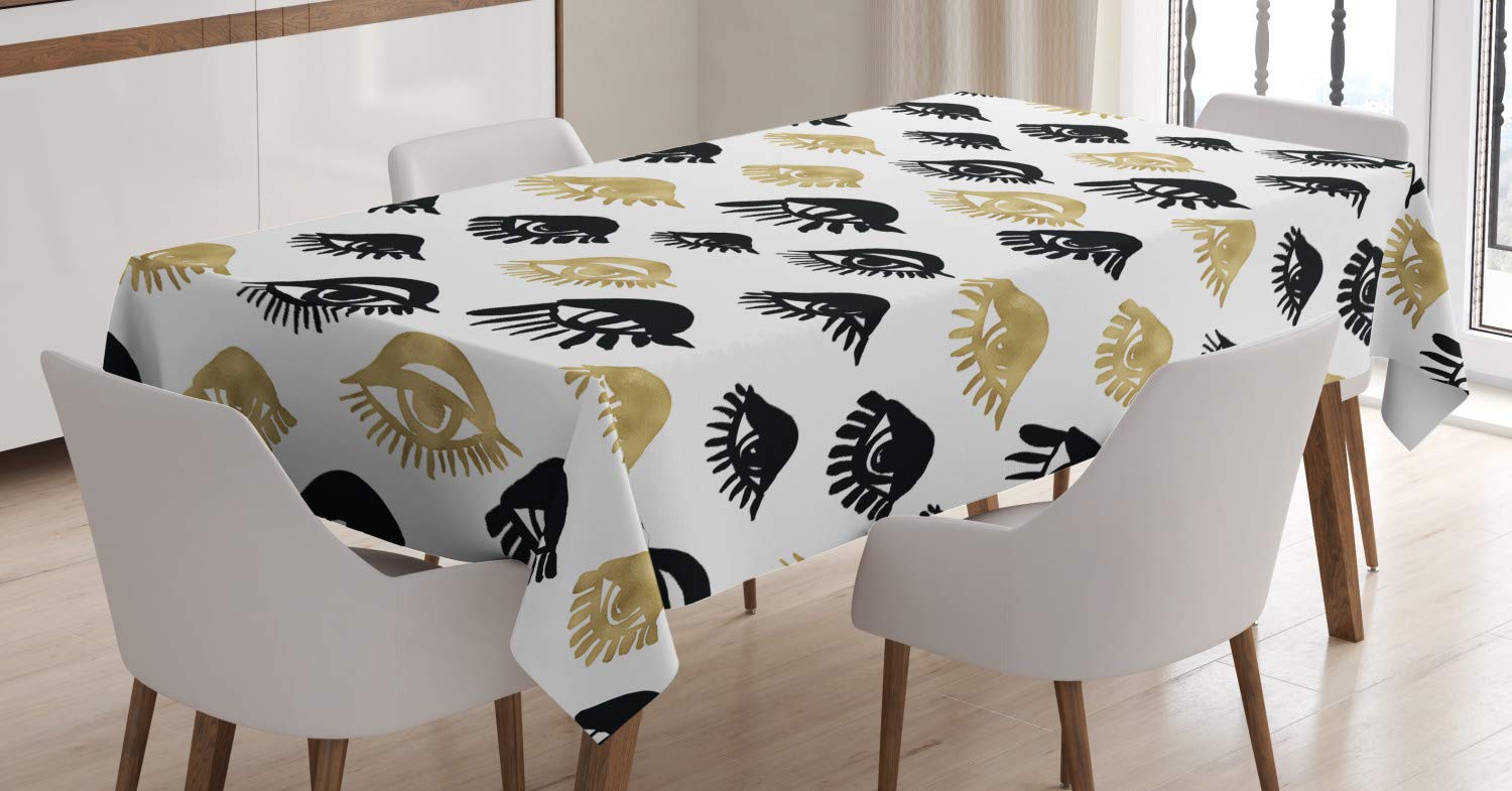 ABAKUHAUS Trippy Tablecloth, Woman Eyes with Eyelash Unusual Style Fashion Modern Design Print Graphic, Dining Room Kitchen Table Cover, 54" x 66", Black Yellow White