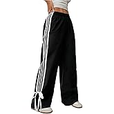 WDIRARA Women's Petite Side Striped Bowknot Track Pants Elastic Waist Wide Leg Baggy Sweatpants Streetwear