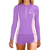 ADIFUN Girls Rash Guard Swimsuit Two Piece Set Colorblock Long Sleeve Bathing Suit UPF50+Sun Protection Swim Suits 7-16Y