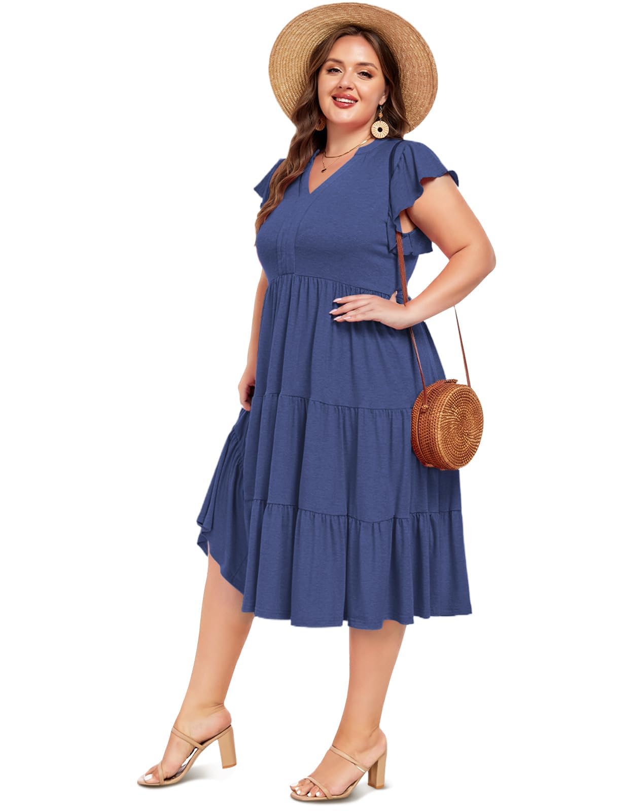Moon Wood Womens Plus Size V Neck Ruffle Midi Dress