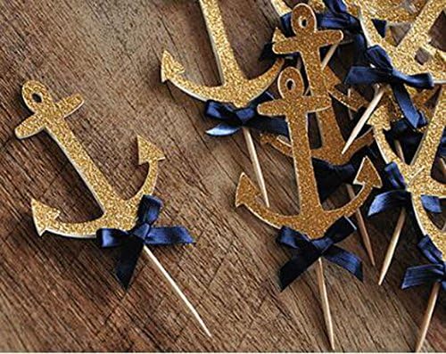 10 Pack Gold Glitter Anchor Cupcake Toppers with Blue Bow Anchor Cake Toppers for Birthday Party Baby Shower Decoration
