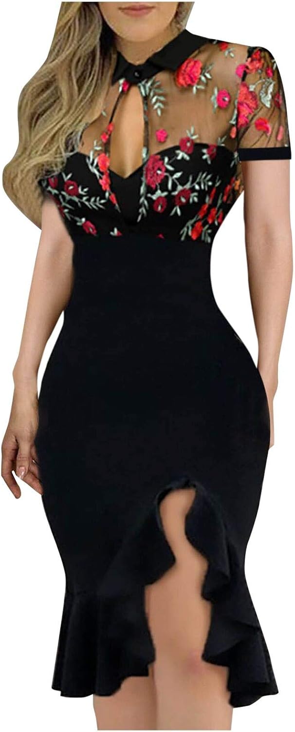 Women Slit Ruffles Hem Embroidery Lace Floral Pattern Short Sleeve Slimming Sexy Elegant Casual Party Night Club Dress at  Women’s Clothing store