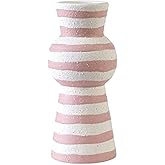 Elements 3.54x3.54x7.87 Inch White and Pink Stripe Textured Ceramic Vase