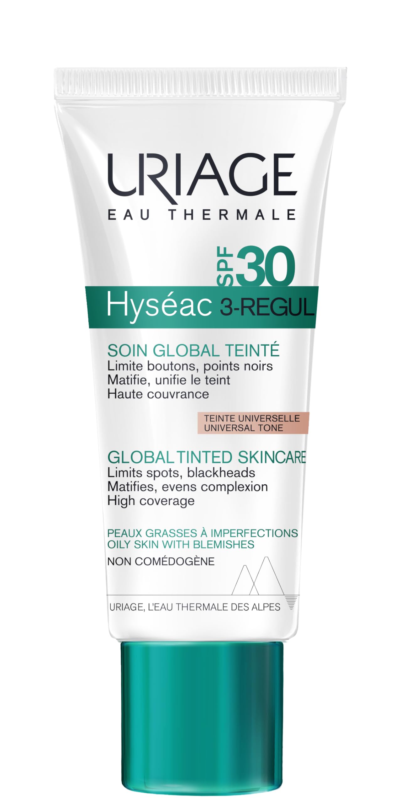 Uriage Hyseac Global Tinted Skincare SPF30 with AHA & Salicylic Acid - Reduces Skin Shine & Unifies Complexion - High UVA/UVB Protection - For Oily Skin Prone to Blemishes - High Tolerence - 40ml