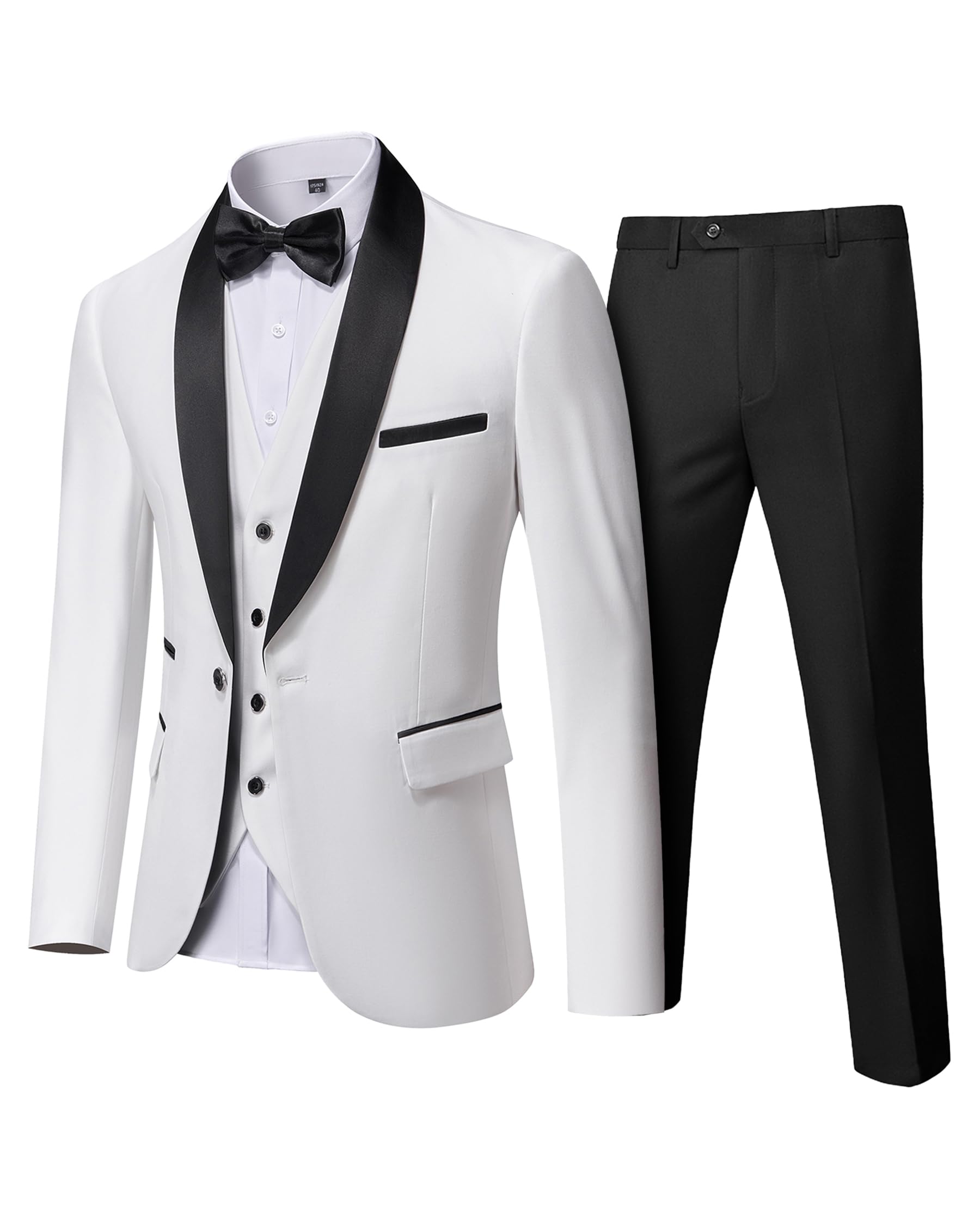 Photo 1 of YND Men's 3 Piece Tuxedo Set with Bow Tie, Slim Fit One Button Shawl Lapel Suit Blazer Vest Pants, for Wedding Prom Dinners, Black Collar White