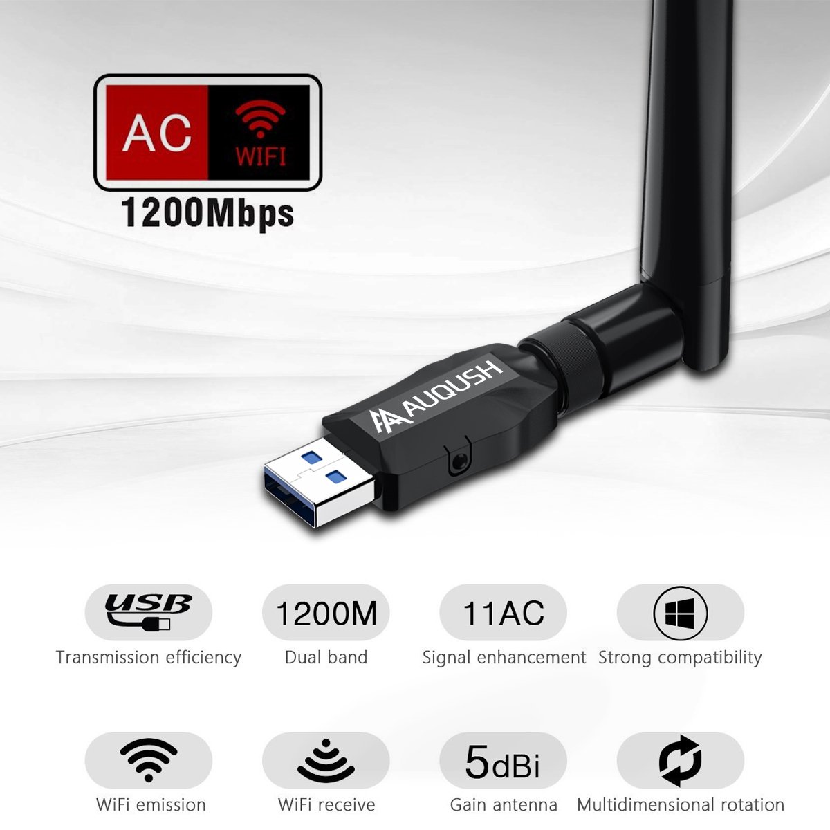 AUQUSH USB WiFi Adaptador 1200Mbit/s[5.8G/867Mbps+2.4G/300Mbps] AC de Banda Dual y WLAN Stick con Conector de Antena y Antena Desmontable