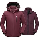PTSOC Women's 3 in 1 Ski Jacket Mountain Waterproof Windproof Winter Snow Coat Hike Snowboarding Jackets Hooded Warm Raincoat