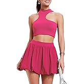 Airfree Women's 2 Piece Skirt Sets Bubble Mini Dress Y2K Irregular Crop Tank Daily Outfits Puffy Skirt with Shorts