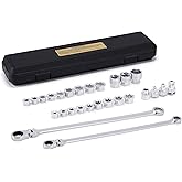 EMENTOL 27PCS Extra Long Flex Head Ratcheting Wrench Set, CR-V, Double Box End Ratchet Wrench Set with 8mm - 22mm, E8 - E22, 1/4", 3/8", 1/2" Socket Adapters Replacement Heads