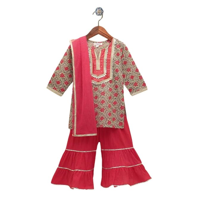 Amber by Hopscotch Baby Girls Cotton Floral Kurti With Sharara And Dupatta in Green Color