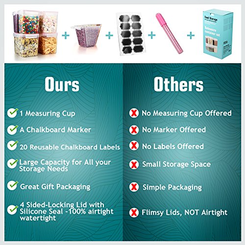 Food Storage Containers Airtight Container - Blingco Set of 6 Food Containers with Lids - BPA Free Suitable For Flour, Sugar - Includes Measuring Cup & 20 FREE Chalkboard Labels & Pen