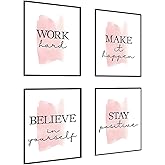 4 pcs Frame Wall Art Stay Positive Make It Happen Motivational Inspirational Quote Pink Canvas Painting Poster Pictures for Teenage Girl Bedroom Decor Office