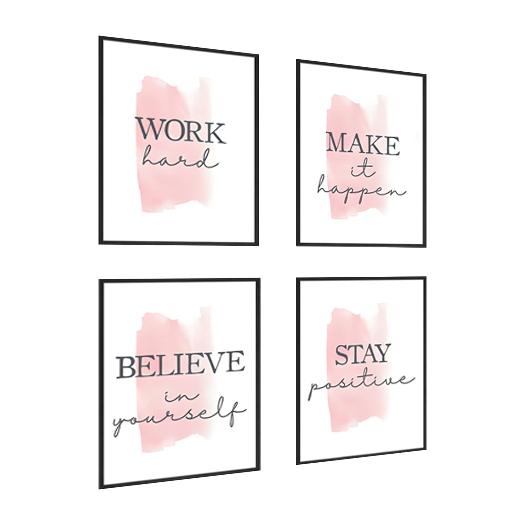 4 pcs Frame Wall Art Stay Positive Make It Happen Motivational Inspirational Quote Pink Canvas Painting Poster Pictures for Teenage Girl Bedroom Decor Office