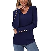 Newshows Womens Sweaters Fall V Neck Pullover Long Sleeve Stretch Button Casual Ribbed Knit Tops