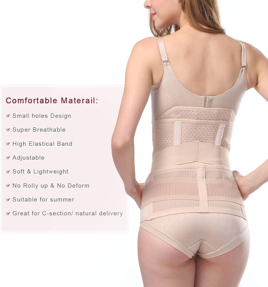 Aigori 3 in 1 Waist Cincher Belly Wrap Recovery Belt Support Body Abdominal Binder Corset Elastic Girdle Beige (One-size) - Image 3