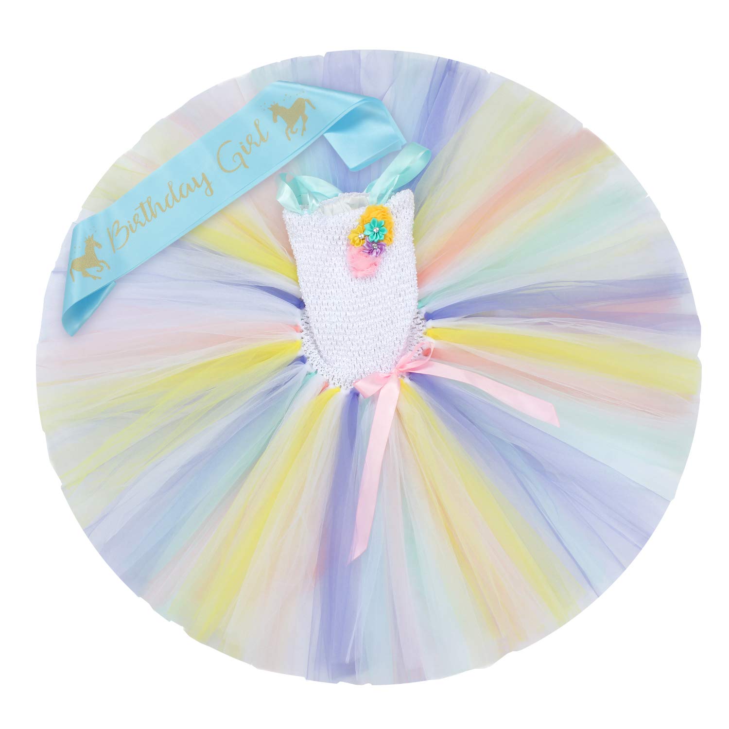 Toycost Rainbow Tutu Princess Dress Up for Girls Kids Princess Birthday Party Costume Outfit with Sash(M~3-4t, White)