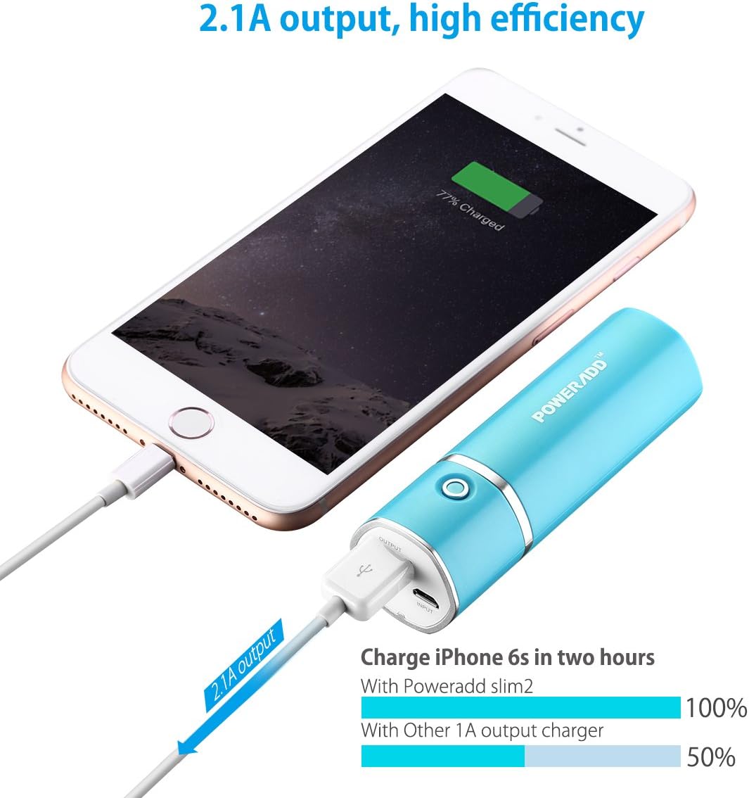 [Upgraded] POWERADD Slim 2 Most Compact 5000mAh External Battery 2.1A Output Portable Charger with Smart Charge for iPhones iPad Samsung Galaxy HTC and More - Blue