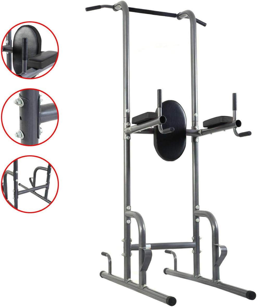 SRETAN Chin Up Rack Stand Black Steel Slope Station Tower Dip Station Knee Raise Leg Pull Up Weight Bar Raise Workout Home Gym Exercise Sport Size 55.1 x 43.3 x 84.6 inch
