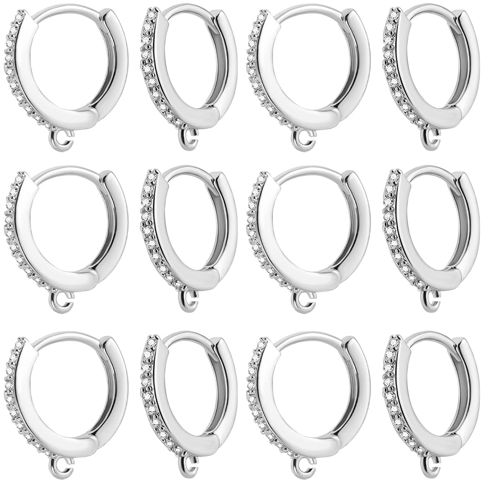 Beebeecraft 12Pcs Platinum Plated Huggie Hoop Earring Findings Round Leverback Earring Hooks with Loop Silver Earwires with Storage Box for DIY Earring Making