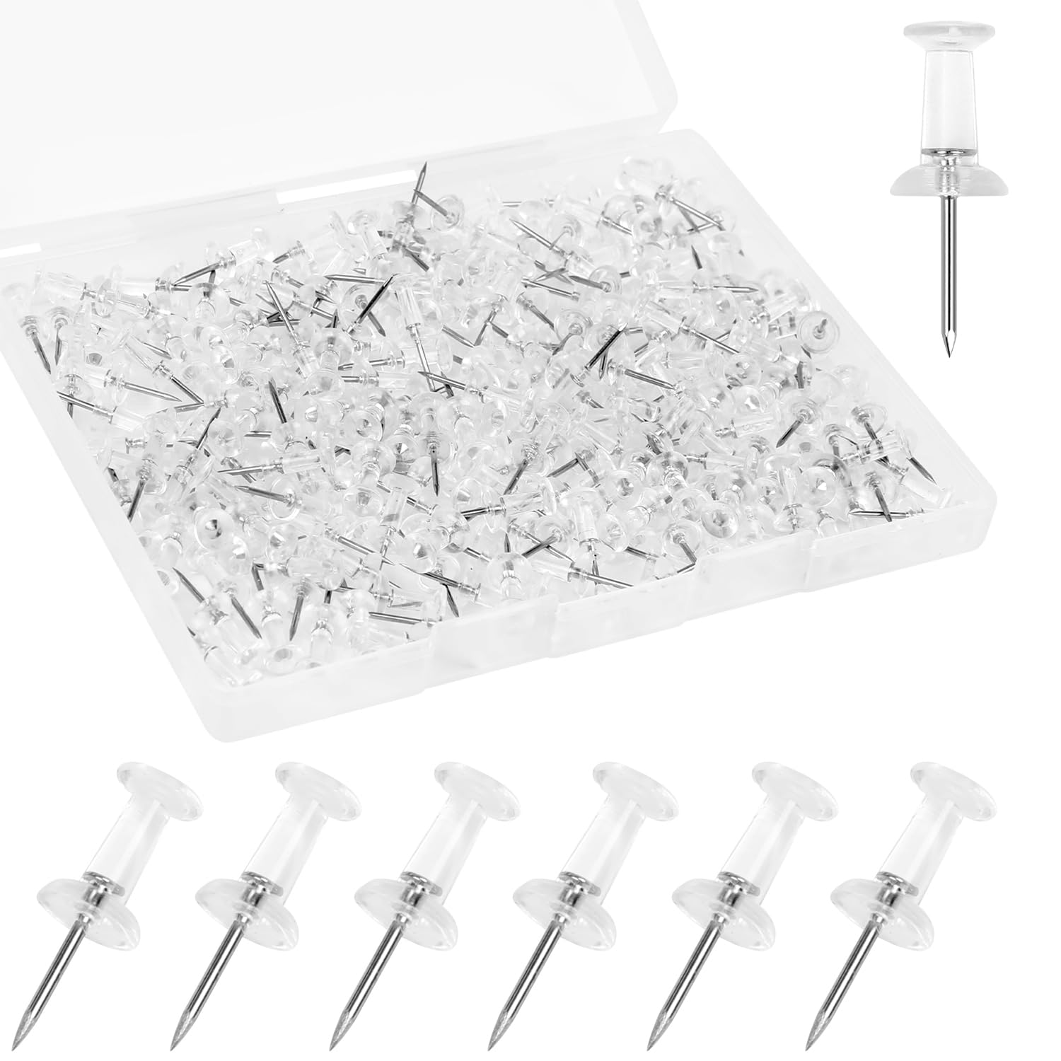 Photo 1 of 200 PCS Standard Clear Thumb Tacks Steel Sharp Point and Clear Plastic Head Push Pins for Bulletin Board, Fabric Marking, Crafts and Office Organization