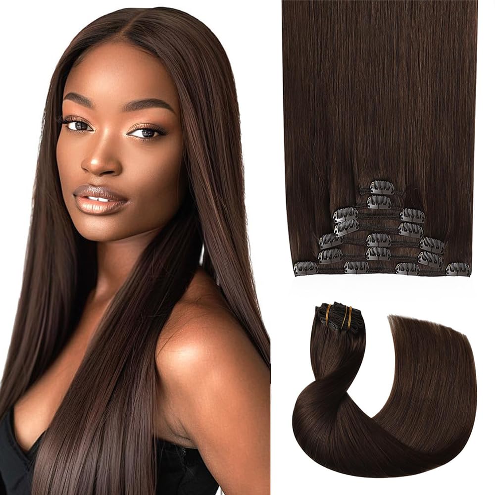 Photo 1 of 28 Inch #4 Brown Clip in Hair Extensions - Real Remy Human Hair, 120g 7pcs, Chocolate Brown Human Hair Extensions Clip ins for Women