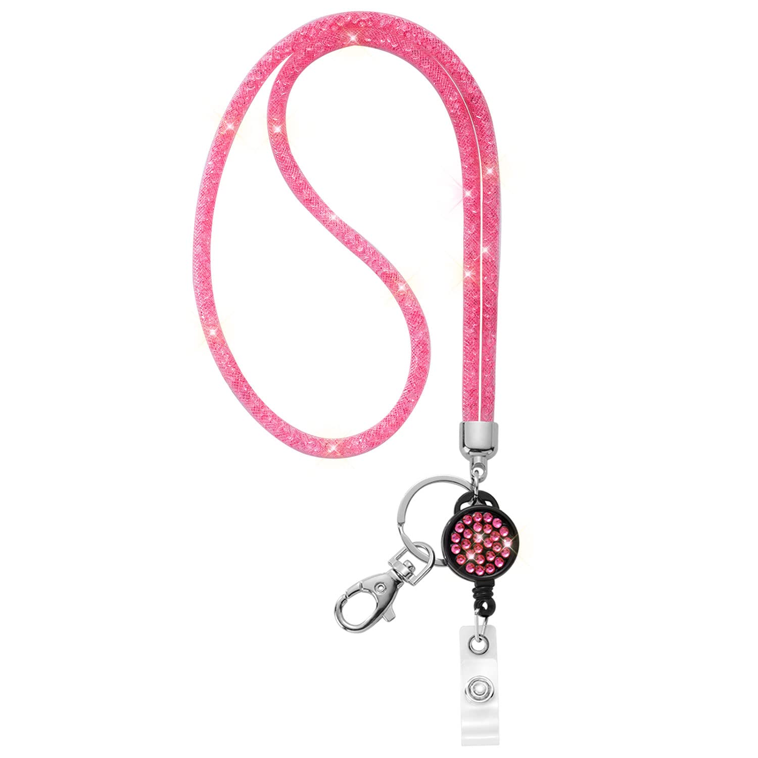 ID Card Holder Lanyard, SAVORI 32.9" Bling Crystal Lanyard Strap with Retractable Badge Holder - Pink, 1 Pack