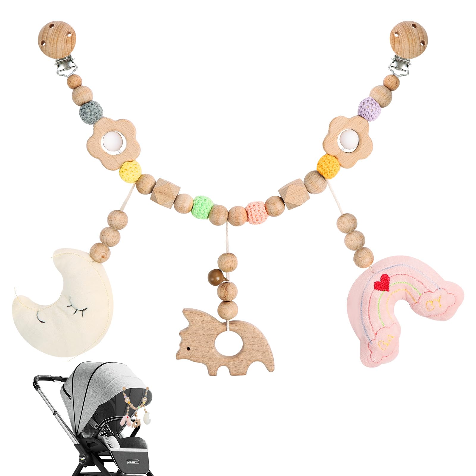 Vicloon Chain Baby Stroller Pendants, Wood Pram Chain for Baby Strollers and Cribs, Boys and Girls (Rainbow) — image 1