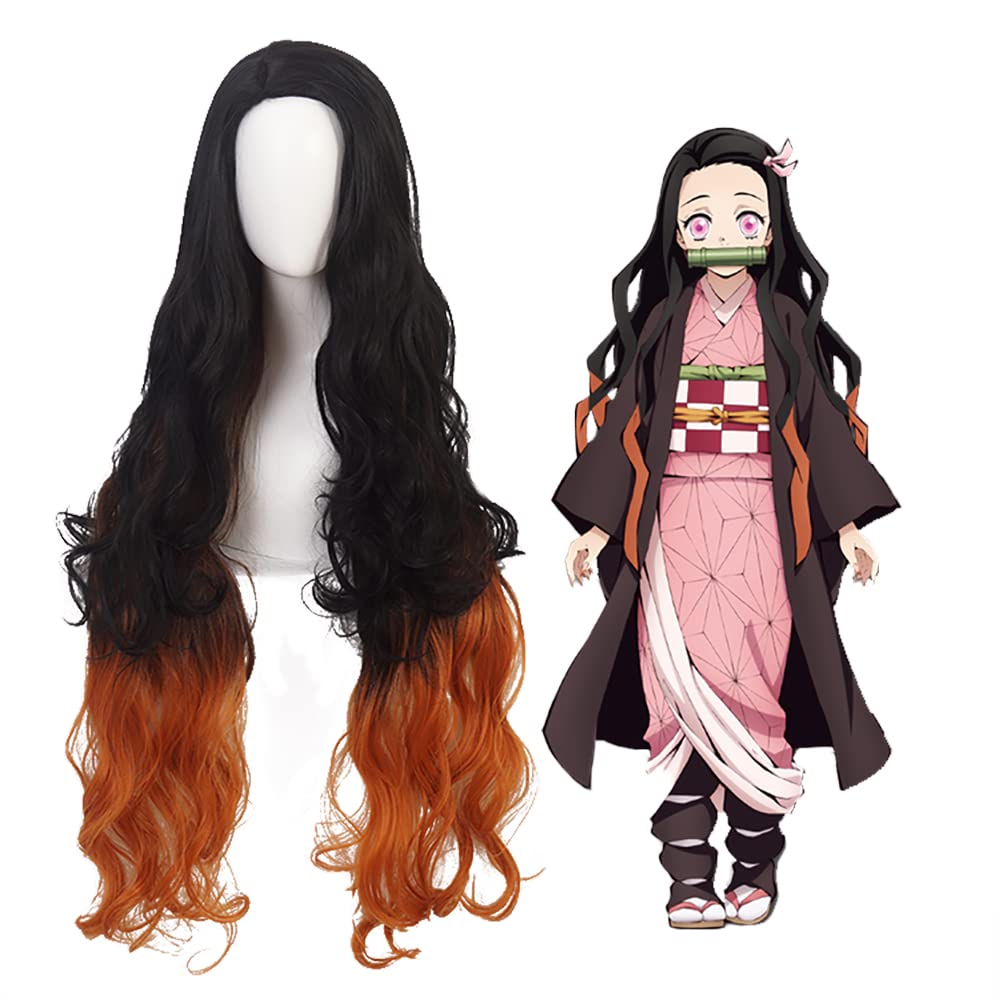 MUZIWIG Kamado Nezuko Cosplay Wig, Anime Demon Slayer Kimetsu No Yaiba Synthetic Hair with Free Wig Cap for Halloween Carnival Birthday Party Costume Accessories
