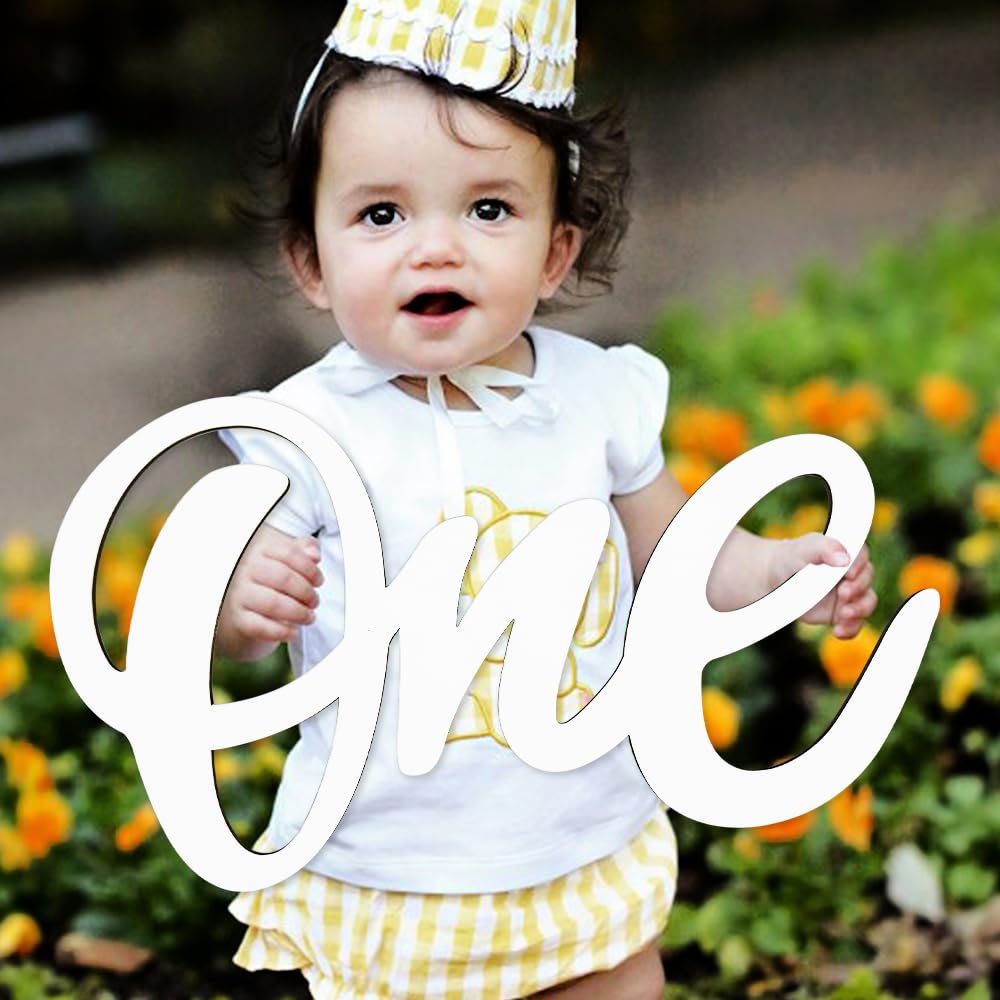 Photo 1 of Happy Birthday One Wooden Sign Cutout Letter for 1st Birthday Party Decorations One Photo Prop Door Hanging Wall Decor Display Baby Chair Table Photo Booth Props