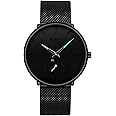 Mens Black Watches Men Stainless Steel Waterproof Mesh Watch Simple Designer Analogue Quartz Stylish Watch Men's Luxury Business Classic Dress Watch for Men