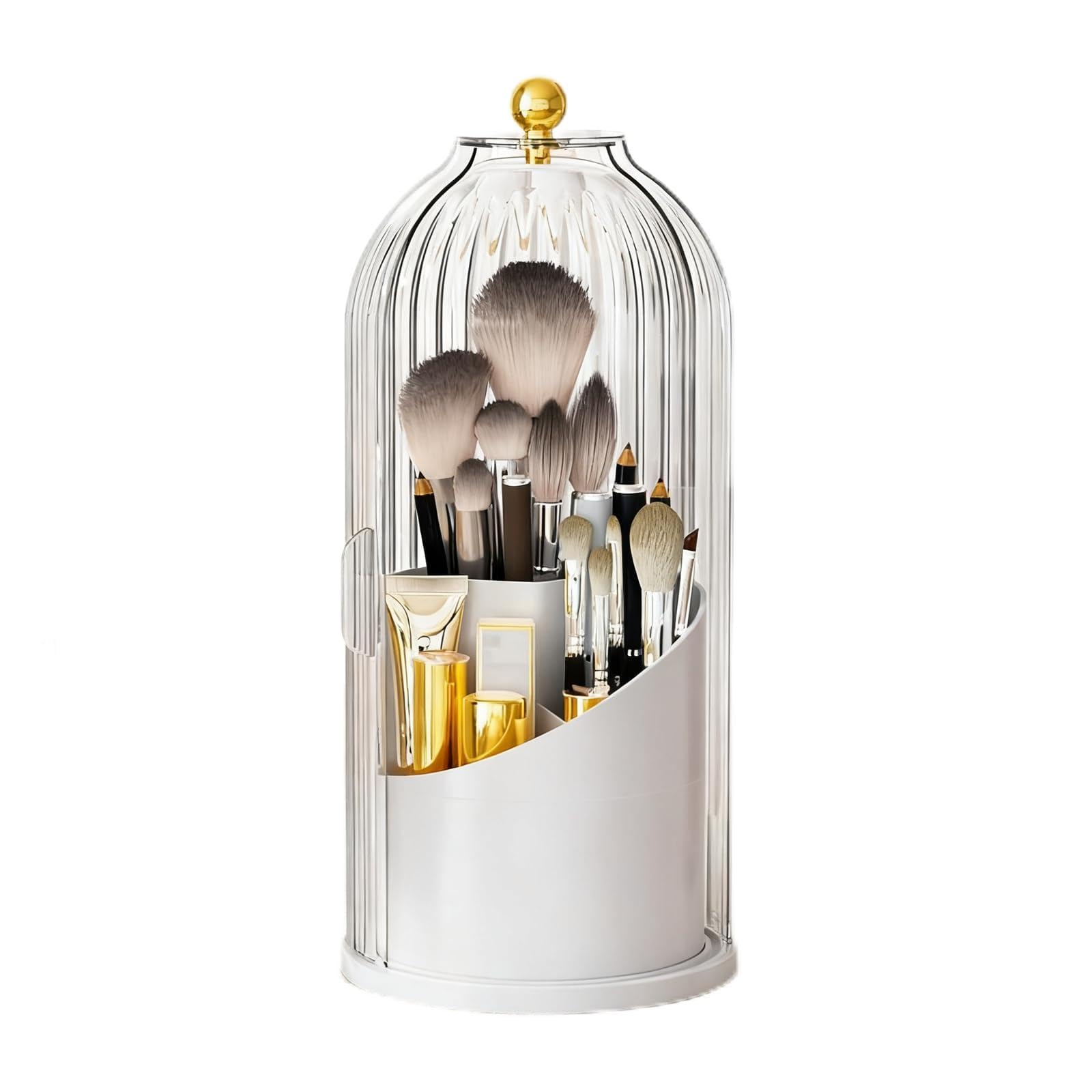 Primst Makeup Brush Holder Case, 360° Rotating Cosmetic Organizer with Dustproof Lid, Spinning Cosmetics Holders Storage Organizer for Vanity and Bathroom (White)