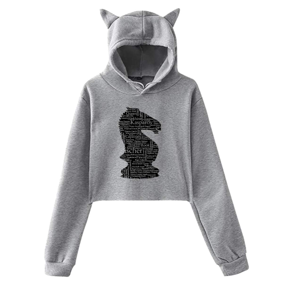 Womens Short Hoodies Crop Top Chess Cat Ear Long Sleeve