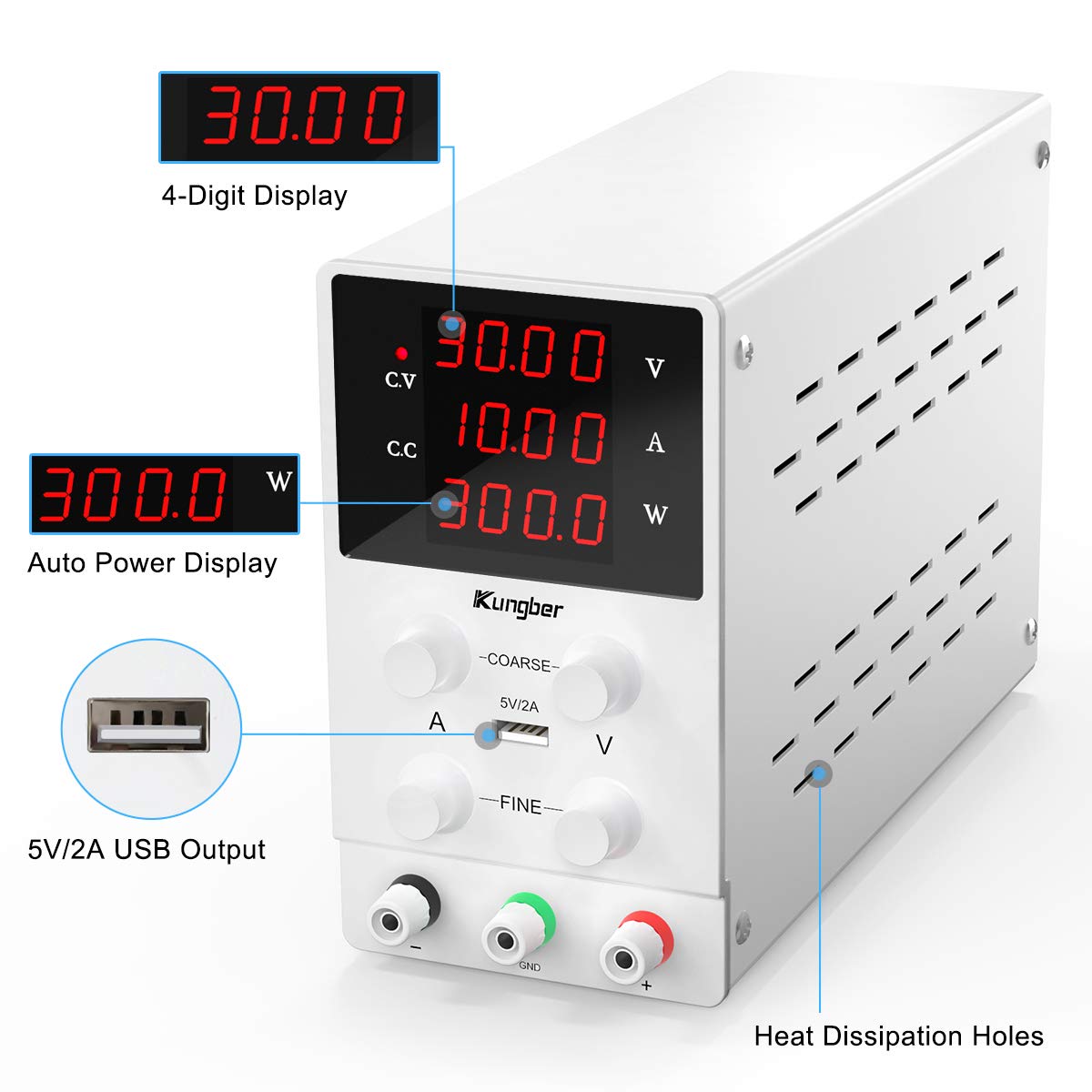 Kungber DC Power Supply Variable, 30V 10A Adjustable Switching Regulated DC Bench Linear Power Supply with 4-Digits LED Power Display 5V2A USB Output, Coarse and Fine Adjustments with Alligator Leads: Computers & Accessories
