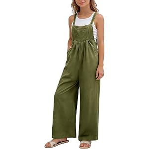 Girls Cotton Linen Overalls Casual Wide Leg Sleeveless One Piece Jumpsuit Teen Trendy Baggy Beach Vacation Straight