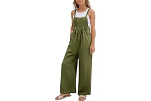 Cotton Linen Overalls for Girls Wide Leg Jumpsuits Casual Sleeveless Rompers Overalls Summer Palazzo Pants with Pockets