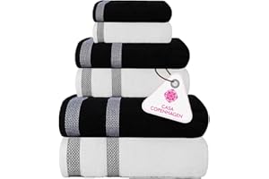 CASA COPENHAGEN Solitaire Mix 6Pieces Towel Set- White + Black,600 GSM 2Bath Towel 2Hand Towel 2Washcloth, Designed in Denmark Made of Soft Egyptian Cotton for Bathroom, Kitchen & Shower