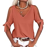 Veatzaer Women's Cold Shoulder Tops Short Sleeve V-Neck Casual Loose Cutout Summer Fashion Tshirts Blouse Shirts