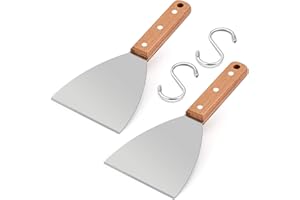 HaSteeL Wooden Griddle Scraper Set of 2, Stainless Steel Metal Grill Scrapers 9.5” for Food Service, Cleaning Supplies, Teppanyaki Flat Top BBQ Cooking, Slant Metal & 2 Hooks