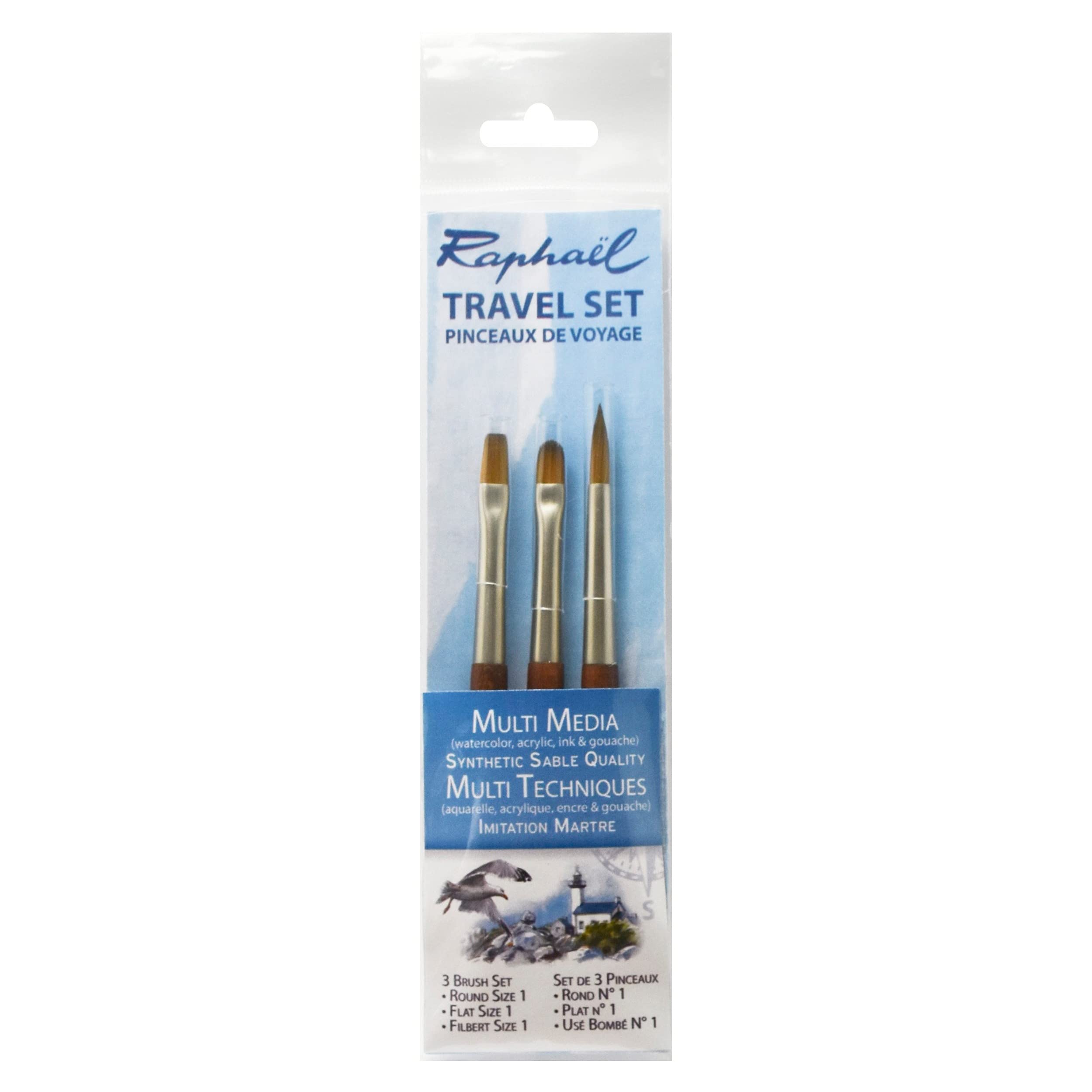 Raphael Travel Precision Mini Brush Set #10, Includes 3 Brushes, Round 01, Flat 01 & Filbert 01 (25-P10612-10)