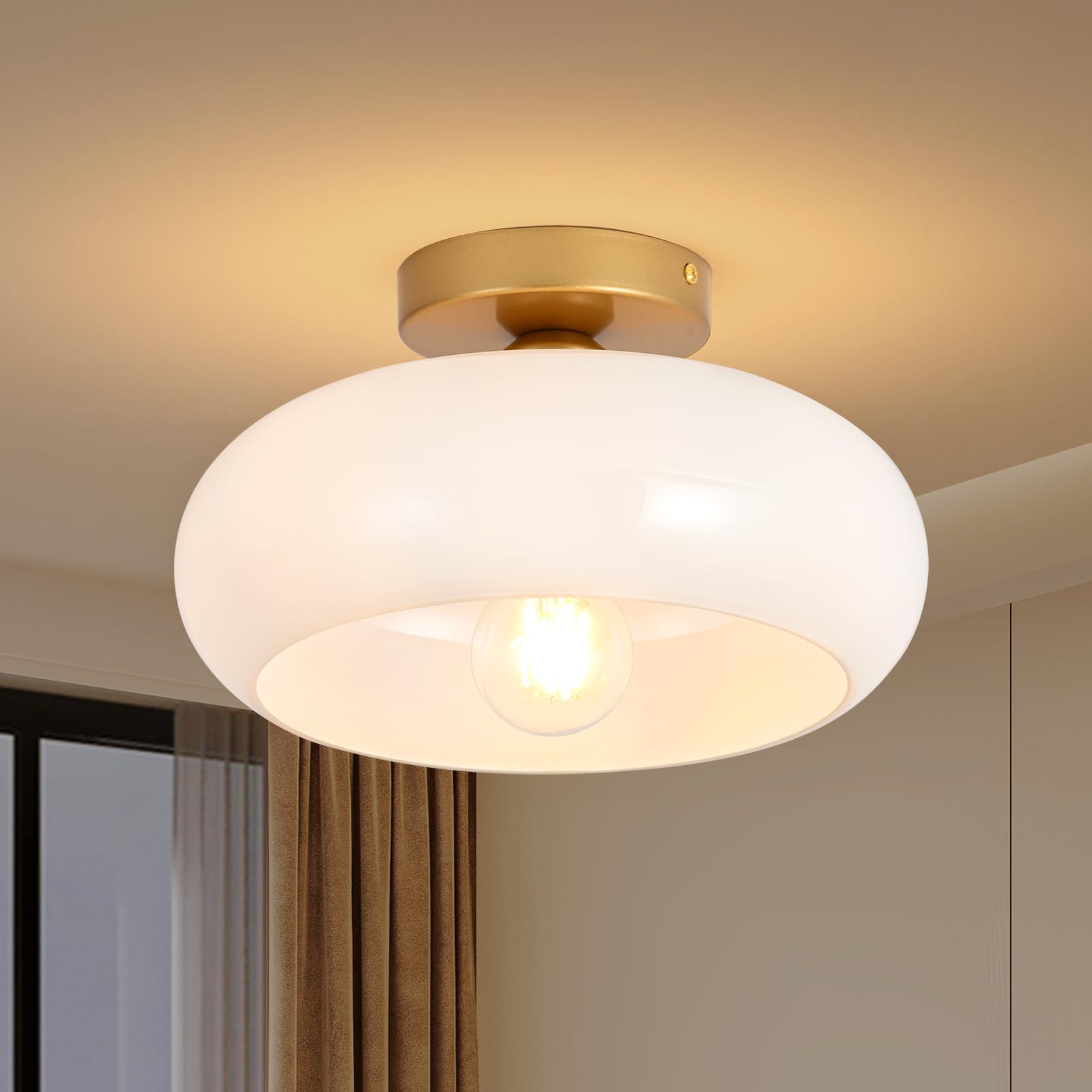Photo 1 of WOKNOS Mid-Century Modern Gold Semi Flush Mount Ceiling Light, Kitchen Ceiling Light Fixture with Glass Shade, Vintage White Close to Ceiling Lamp for Entryway Hallway Bathroom (11.0 Inch)