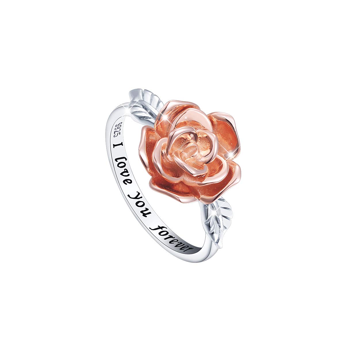 Flyow S925 Sterling Silver Rose Flower Ring I Love You Forever Jewelry Bands Ring for Women Girls Wife Girlfriend, Best Valentine's Day Gifts (N 1/2)