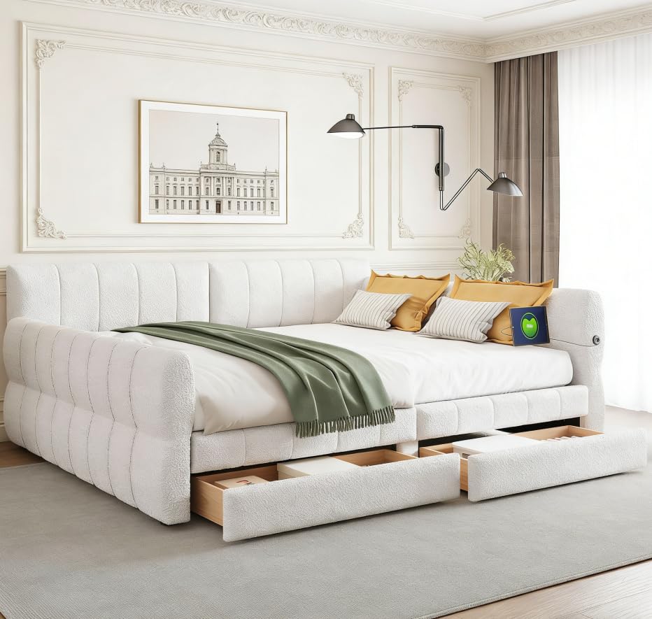 Photo 1 of **SELLING FOR PARTS AS PARTIAL SET. ONE OF THREE BOXES**Bellemave Queen daybed with USB, Queen Size Corner Bed with Two Drawers, Upholstered Bed Frame for Kids,Teens,Adults, Lambswool, White