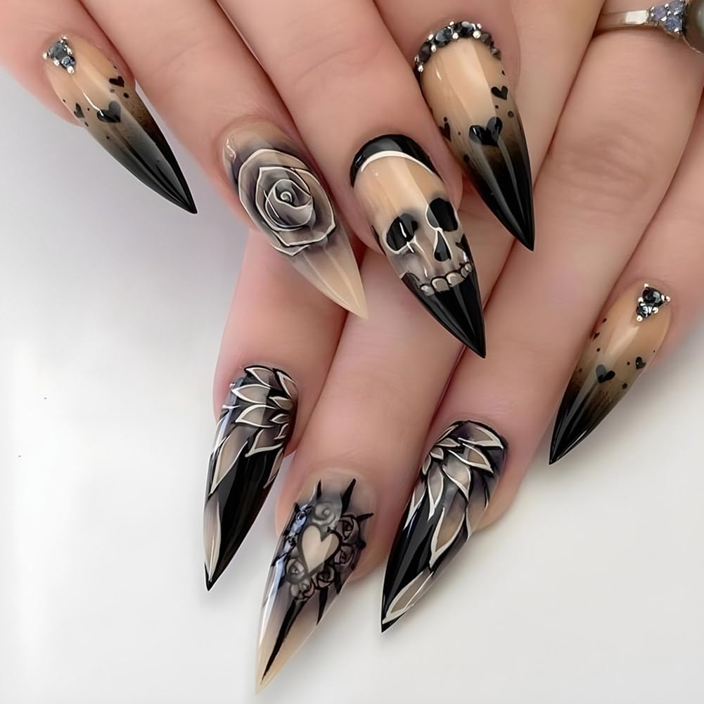 Carufin 24 Pcs Punk Skull Night Rose Crystal Dark Fake Halloween Long Pointed Tip Press On False Nails