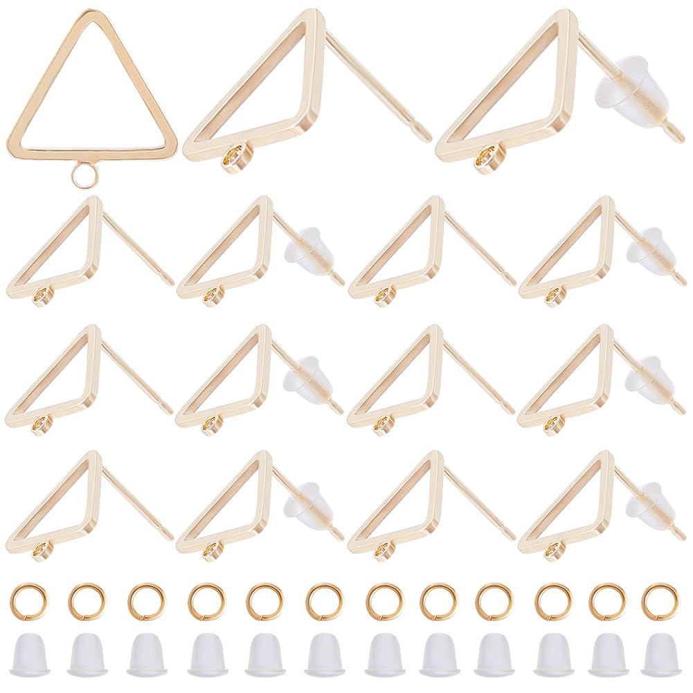 CREATCABIN 16Pcs 18K Gold Plated Hollow Triangle Stud Earring Findings Earring Posts Brass Ear Stud Earrings with Horizontal Loops Open Jump Rings Ear Nuts for DIY Earring Jewelry Making 12.5x12mm