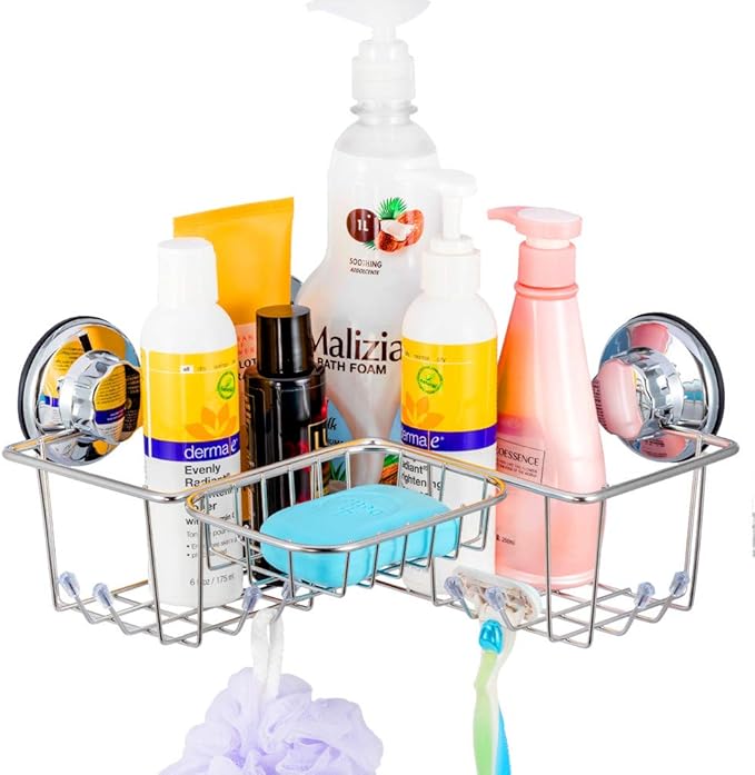 SANNO Suction Corner Shower Caddy with Soap Dish, Corner Bath Shelf