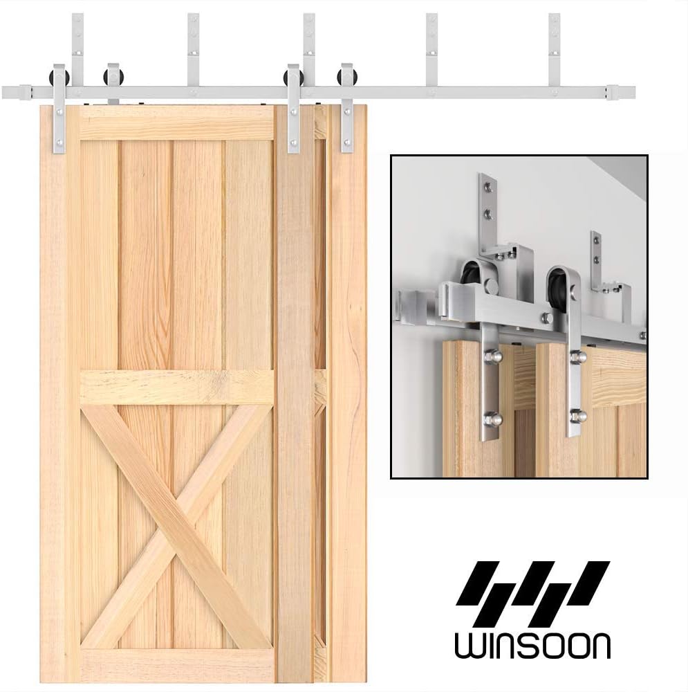 WINSOON 4FT-18FT Modern Sliding Bypass Barn Door Hardware 304 Stainless Steel Double Doors Kit Cabinet Closet System Silver (6.6FT Bypass Hardware Kit)