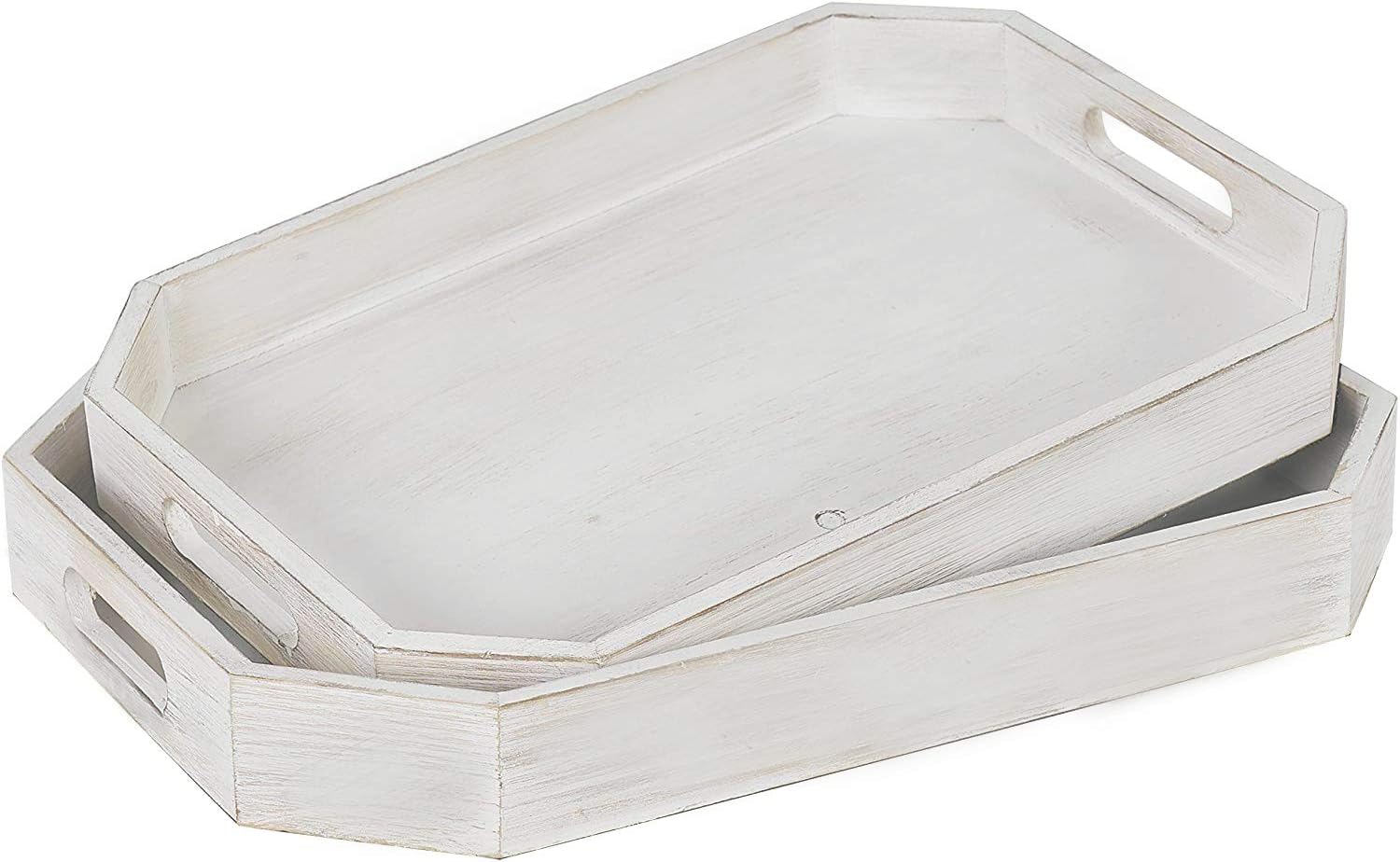  | 2PCS Octagonal Natural Wood Finish Serving Tray with Cutout Handles and Angled Edges, Antique Whitewash Food Tray, Rustic Ottoman display Platter: Serving Trays